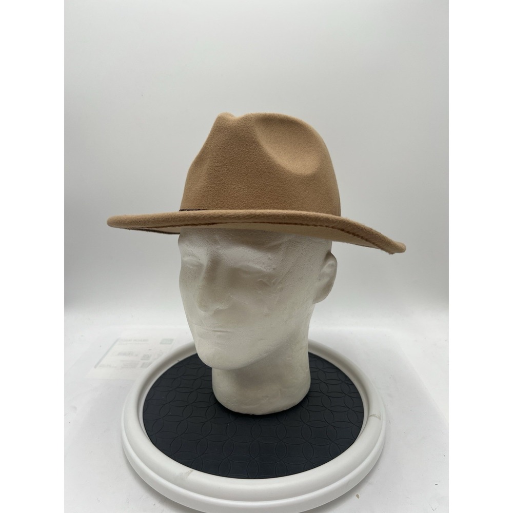 Camel Tan Wide Brim Fedora Rancher Hat Adjustable Polyester Black Band YH1578